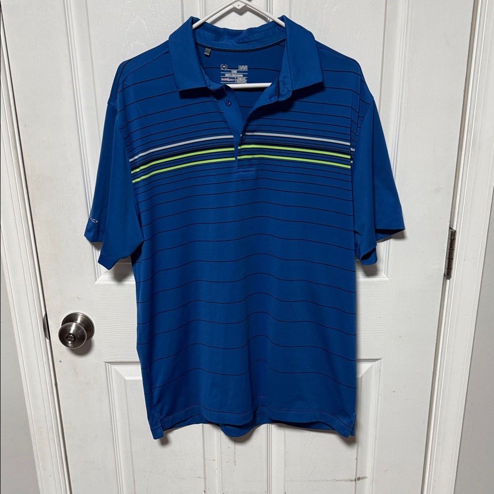 Under Armour Coldblack L Blue golf polo with green and white stripes